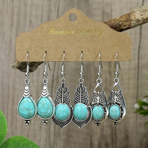 12 Pairs Turquoise Gemstone Boho Drop Earrings - Picture 7 of 7